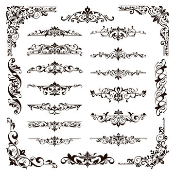 Ornamental design lace borders and corners Vector set art deco floral ornaments elements

