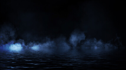 Mystic blue fire smoke on abstract background. Paranormal chemistry fog with reflection on the shore.