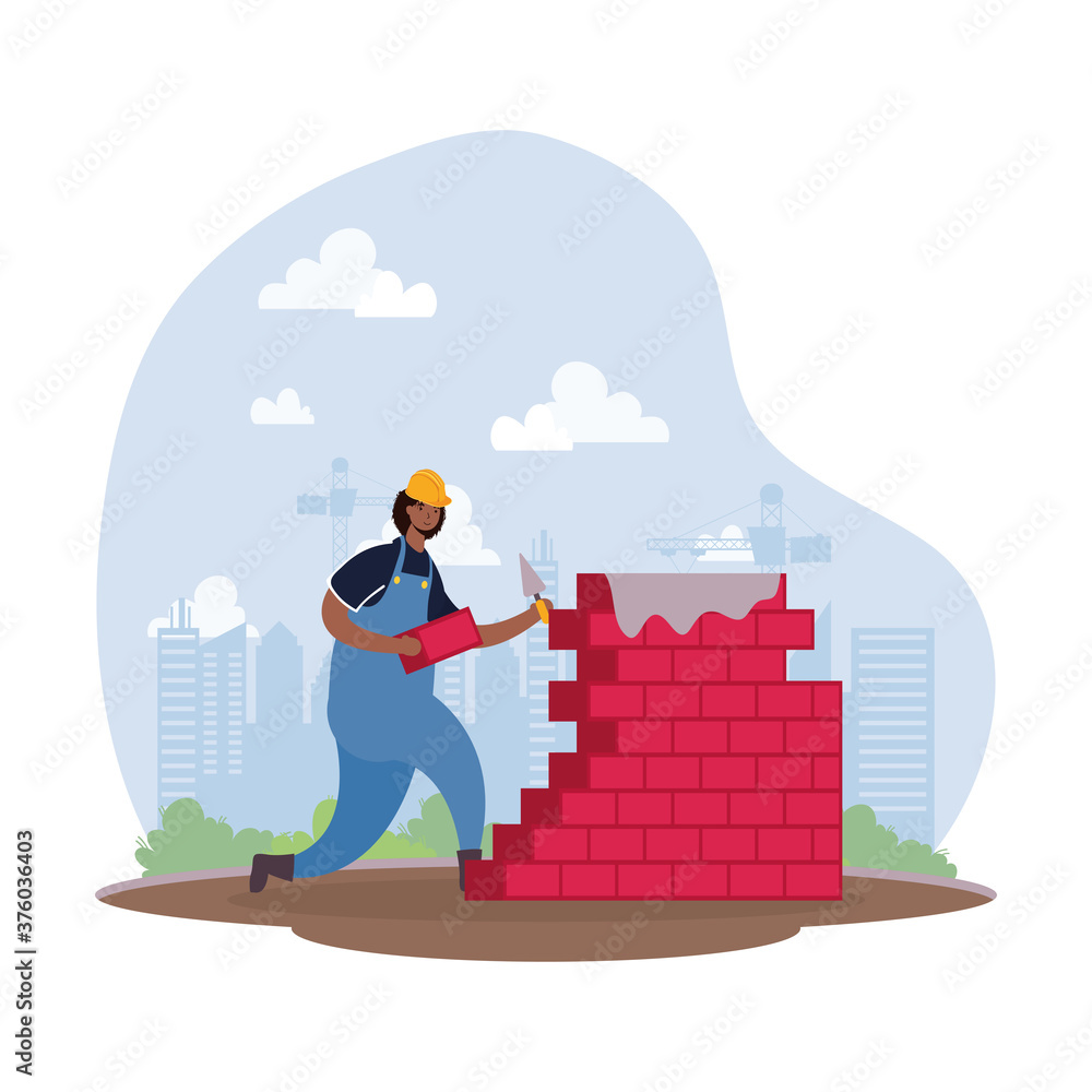 Poster afro constructor worker with bricks wall character scene