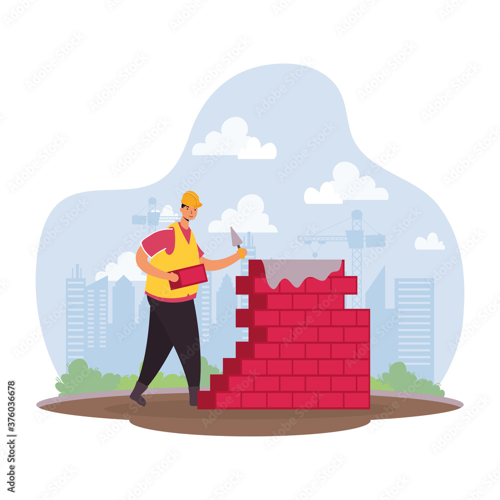 Poster constructor worker with bricks wall character scene