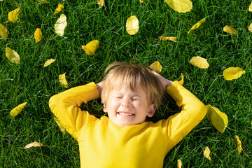 Happy child having fun outdoor in autumn park