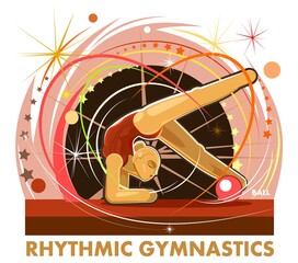 Girl gymnast. Sport symbol. Isolated vector illustration on white background. A woman performs in competitions. Rhythmic gymnastics logo with a ball.