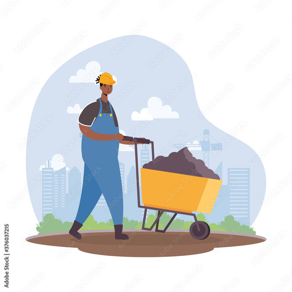 Poster afro constructor worker with wheelbarrow character scene