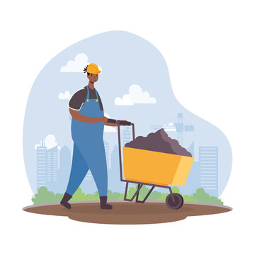afro constructor worker with wheelbarrow character scene