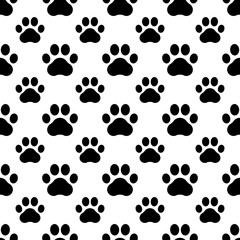 Pet prints. Paw seamless pattern. Cute background for pets, dog or cat. Foot puppy. Black silhouette shape paw. Footprint pet pattern. Animal track. Trace foot dog, cat. Design for print. Vector