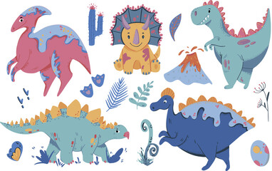 Set of cute dinosaur illustrations. Cartoon vector icons are suitable for cards, wallpapers, backgrounds, fabric and textile print