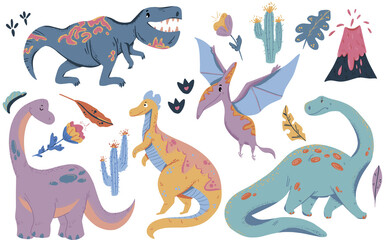 Set of cute dinosaur illustrations. Cartoon vector icons are suitable for cards, wallpapers, backgrounds, fabric and textile print