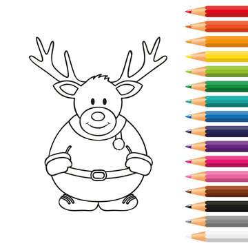 cute christmas deer for coloring book with pencils vector illustration EPS10