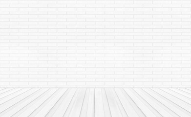 White empty wooden floors with brick wall background. Studio or office blank space.