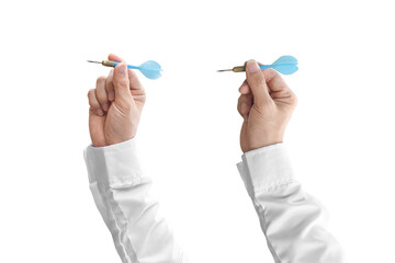 Man hand holding darts isolated on white background. with clipping path.