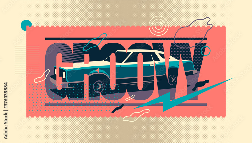 Poster modish banner design in color with typography and retro car. vector illustration.