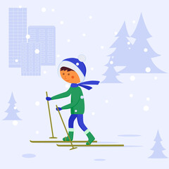 A boy rides on skis. Vector image on the background of the city and Christmas trees. Winter entertainment. Flat style