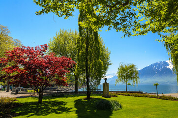 Naklejka premium The park on the Vevey promenade with a view of the Geneva lake and the surrounding French Alps. Vevey, Switzerland.