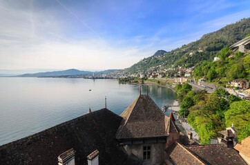 View of Lake Geneva surrounding the alps and coastal towns. Switzerland.