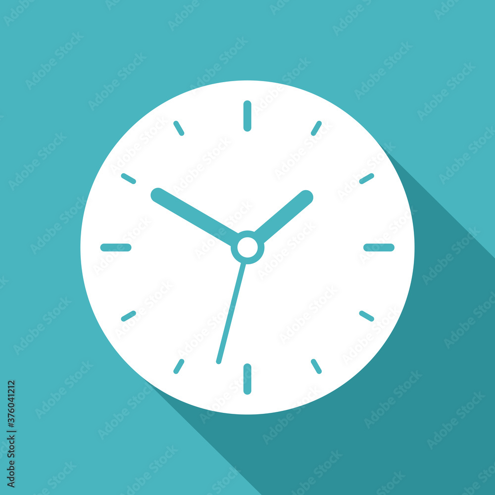 Poster clock icon in flat style, round white timer on color background. business watch. vector design eleme