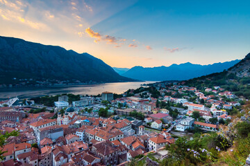 View of Kotor Bay at sunset in Montenegro