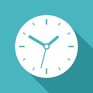 Clock icon in flat style, round white timer on color background. Business watch. Vector design element for you project