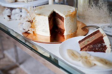 Beautiful wedding cake chocolate with chocolate cream inside and banana filling,