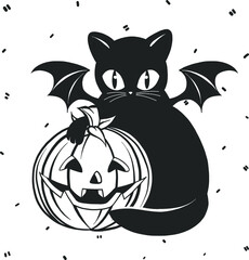 Vector halloween pumpkin clipart and black cat. Illustration for seasonal design, textile, decoration kids playroom or greeting card. Isolated sketch object. Flat vector illustration