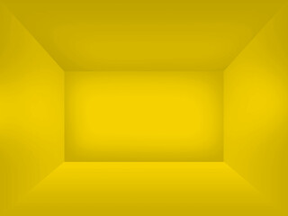 A yellow symmetrical empty cube shaped studio room for product presentation or backdrop