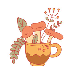 Nice mushrooms,leaves and herbs in a cute mug. Hand drawn vector illustration in flat style with lines isolated on white background. Autumn theme. Neutral, honey colors.