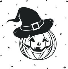 Vector halloween clipart pumpkin with witch hat. Illustration for seasonal design, textile, decoration kids playroom or greeting card. Isolated sketch object. Flat vector illustration