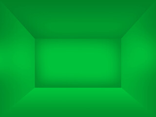 A green symmetrical empty cube shaped studio room for product presentation or backdrop