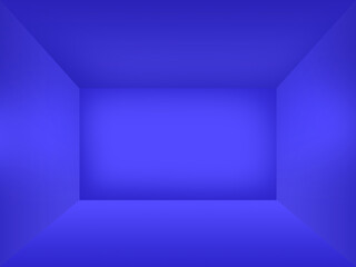 A blue symmetrical empty cube shaped studio room for product presentation or backdrop