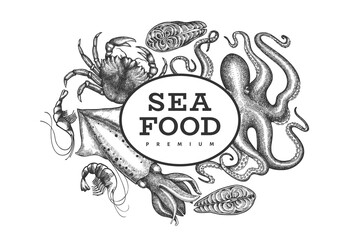 Seafood design template. Hand drawn vector seafood illustration. Engraved style food banner. Vintage sea animals background