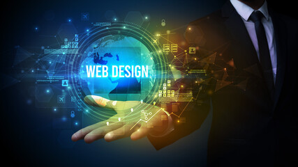 Elegant hand holding WEB DESIGN inscription, digital technology concept