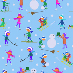 Naklejka premium Active recreation for children in winter. Children build a snowman, sledding and skiing. Seamless vector pattern on a blue background