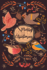 Greeting card with winter birds and the inscription Merry Christmas. Vector graphics.