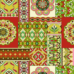 Seamless damask with colorful patchwork. Vintage multi color pattern in Turkish style. Endless pattern can be used for ceramic tile, wallpaper, linoleum, textile, web page background. Vector