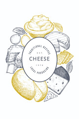 Cheese design template. Hand drawn vector dairy illustration. Engraved style different cheese kinds banner. Retro food background.