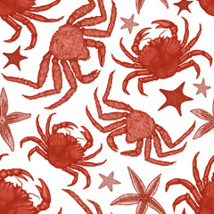 Seafood seamless pattern. Hand drawn vector seafood illustration. Retro style food banner. Vintage sea animals background