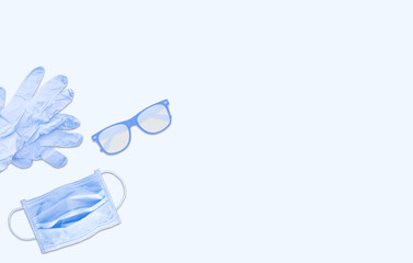 Top view medical gloves with mask and eyeglasses