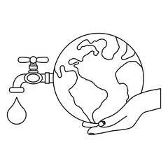hand lifting world planet earth with water faucet open