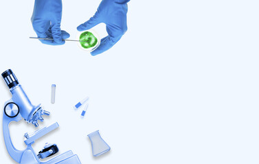 Laboratory worker examining a green substance on a petri dish while conducting coronavirus