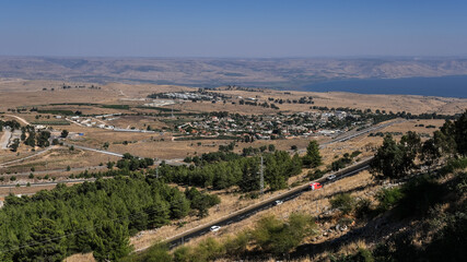 Fototapeta na wymiar View of Hula Valley and Sea of Galilee with Golan Heights in the background as seen from Mitzpe Hayamim hotel, Upper Galilee, Northern Israel, Israel.