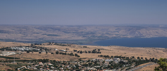 View of Hula Valley and Sea of Galilee with Golan Heights in the background as seen from Mitzpe Hayamim hotel, Upper Galilee, Northern Israel, Israel.