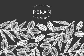 Hand drawn pecan branch and kernels design template. Organic food vector illustration isolated on chalk board. Retro nut illustration. Engraved style botanical picture.