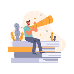 Online Education, person sitting on books with a telescope, viewing vector illustration for website