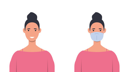 It is forbidden to be without a mask. A woman with and without a medical mask. Prevention of disease, flu, air pollution, polluted air, coronavirus. Vector illustration in flat style
