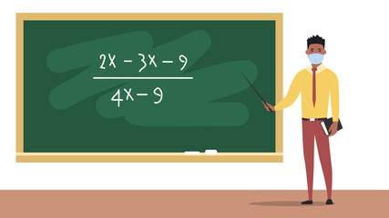 A teacher in a medical mask stands near the blackboard. Education in an educational institution during the coronavirus epidemic. Flat style. Vector illustration
