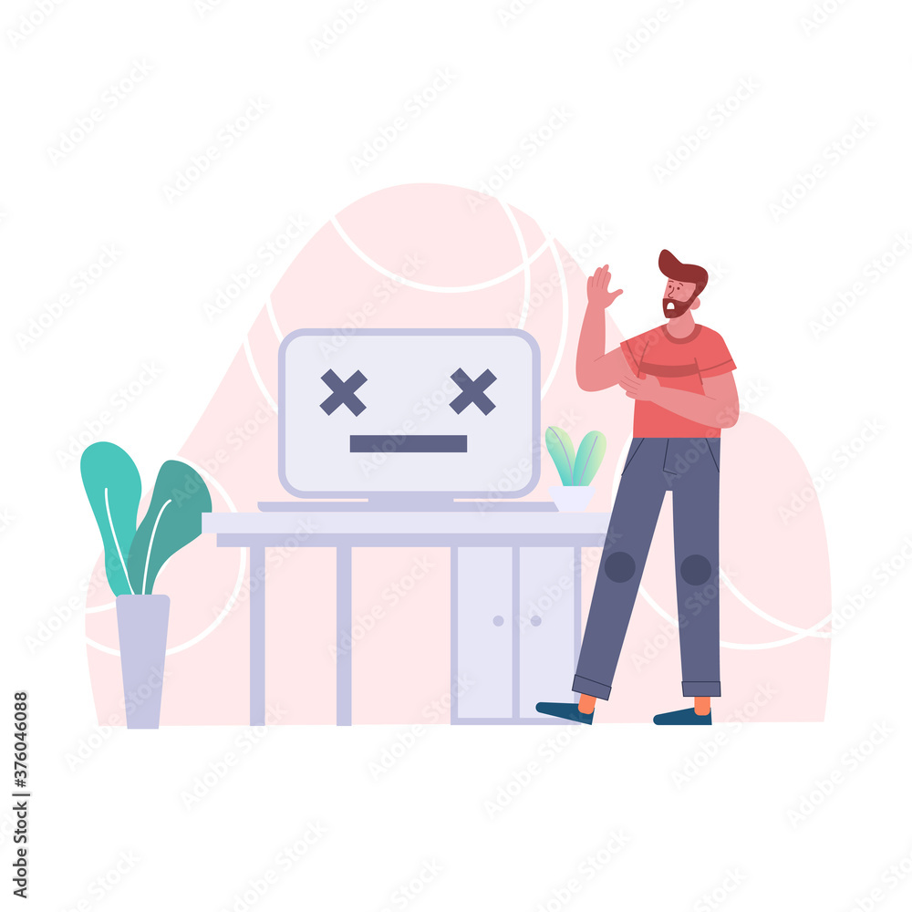 Poster 404 error, surprised man with dead computer, male person with empty web search result vector illustr