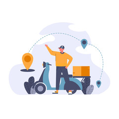 Online delivery, male courier with a scooter and a shipment box, delivery man with map markers connected with a dotted line vector illustration for website