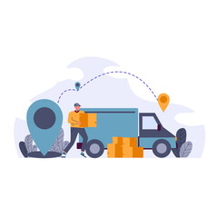 Online delivery, male courier carrying shipment boxes, delivery man with a truck and map markers connected with a dotted line vector illustration for website