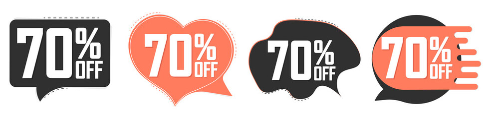 Set Sale 70% off speech bubble banners, discount tags design template, vector illustration