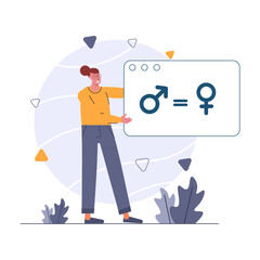 Gender equality, happy woman with eyeglasses in casual clothing holding screen showing male and female gender symbols with equal symbol inbetween vector illustration for website