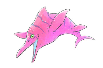 Friendly pink Ichthyosaurus isolated on white background